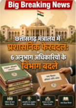 Breaking News  🟥 छत्तीसगढ़ मंत्रालय में प्रशासनिक फेरबदल: 6 अनुभाग अधिकारियों के विभाग बदले